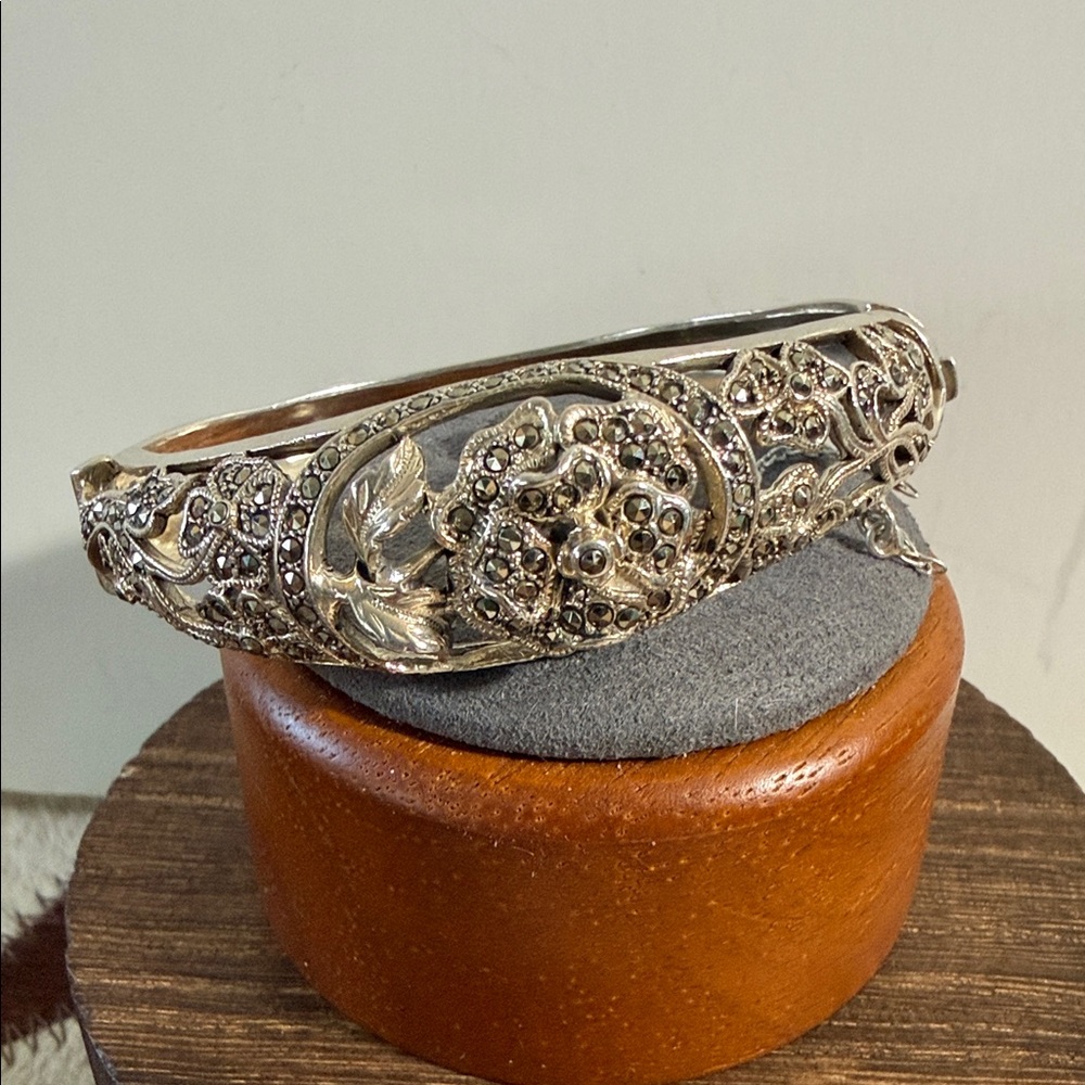 Ornate Filigree Marcasite Rose, Flower Hinged Bracelet - 925, Sterling Silver